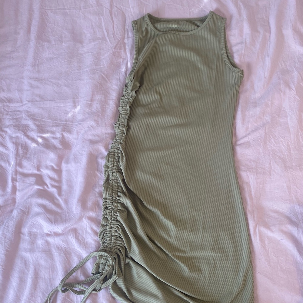 SHEIN olive green rushed drawstring side dress